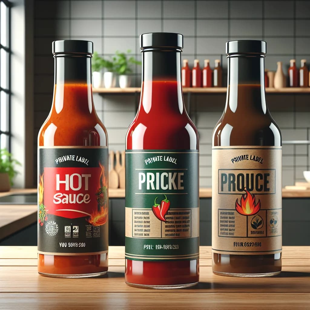 assorted private label hot sauce bottles with vibrant labels and different heat levels on a wooden countertop