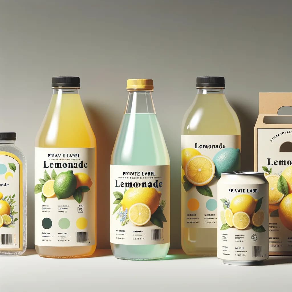 private label lemonade bottles in various packaging on a clean background