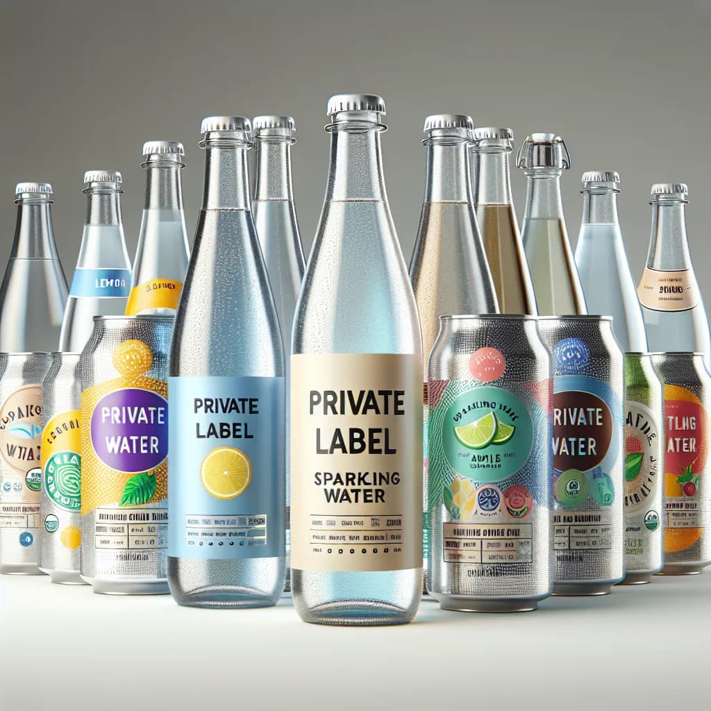 private label sparkling water bottles with different packaging designs on a minimalist background