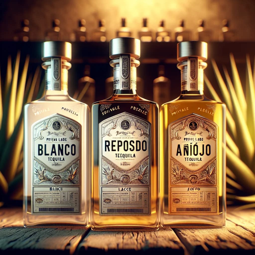 premium private label tequila bottles with elegant packaging in various types including blanco, reposado, and añejo, displayed on a rustic wooden table with agave plants in the background.