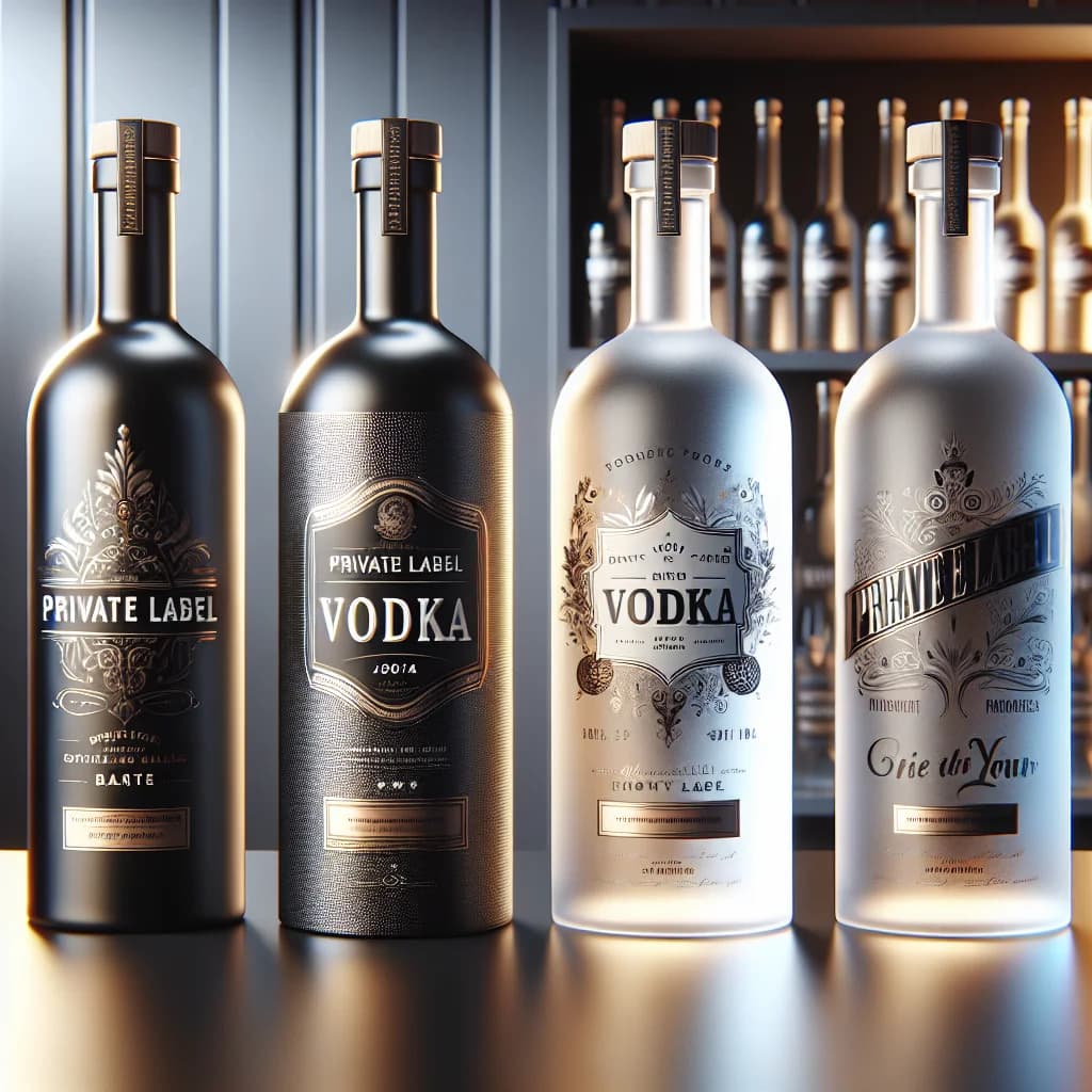 premium private label vodka bottles in elegant packaging with various label designs, set on a sleek, minimalistic background.