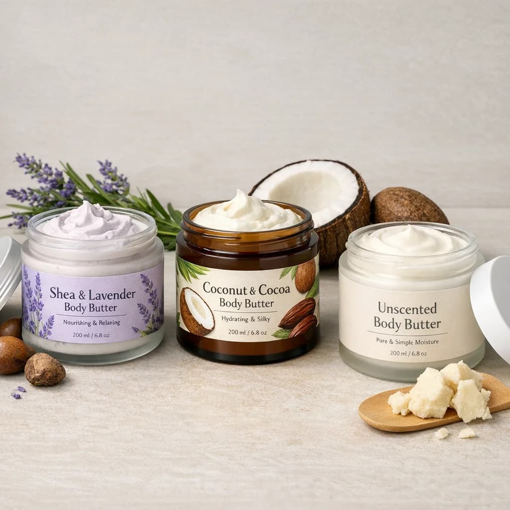 private label body butter in elegant packaging with diverse formulations on a minimalist background