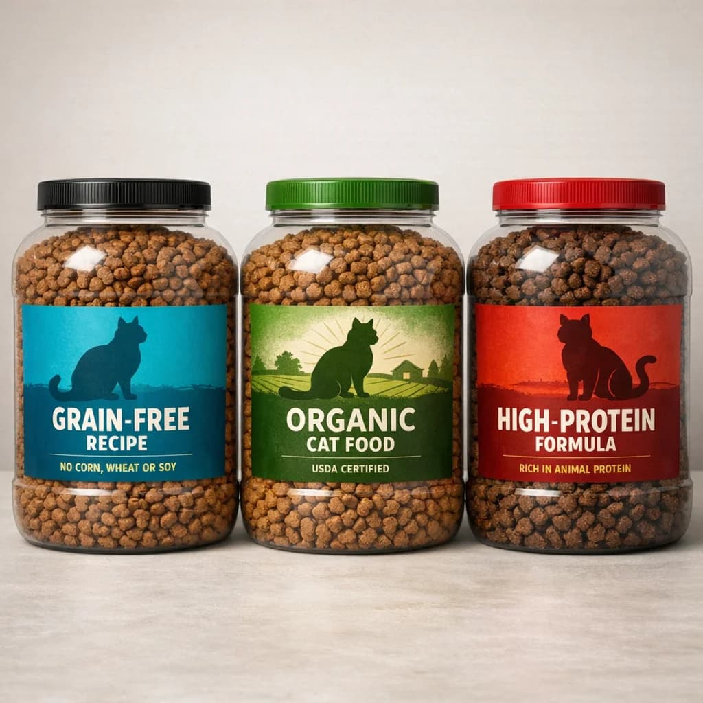 premium private label cat food packaging in various flavors with a clean, eco-friendly design on a neutral background