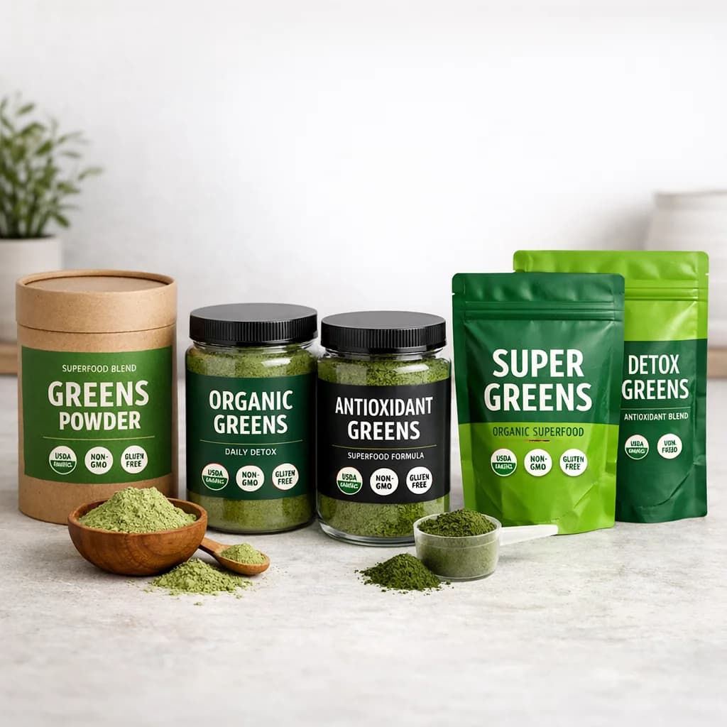 Private label greens powder packaging for bulk sourcing