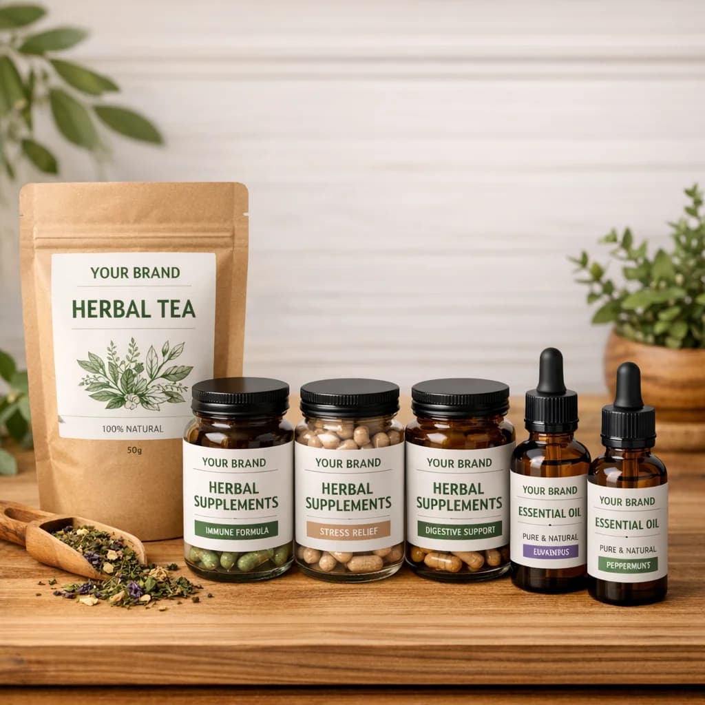 Private label herbal products in eco-friendly packaging on a minimalistic wooden table background, showing variations of tea, supplements, and essential oils with clear, organic branding.