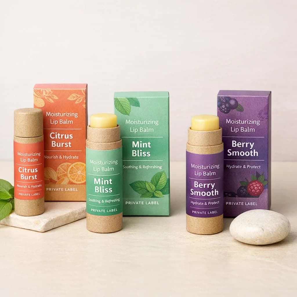 private label lip balm with multiple packaging options and variations in color background