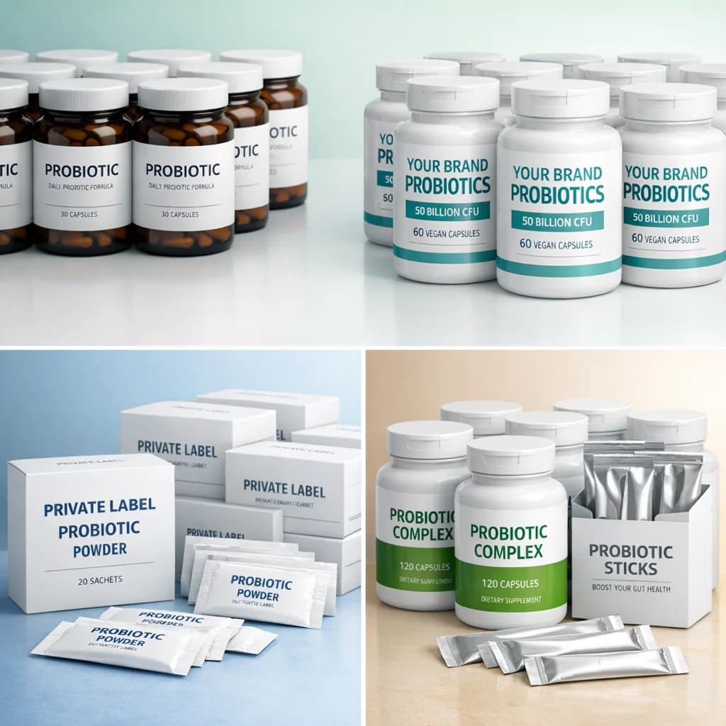private label probiotics in diverse packaging setups with vibrant backgrounds for bulk and B2B distribution