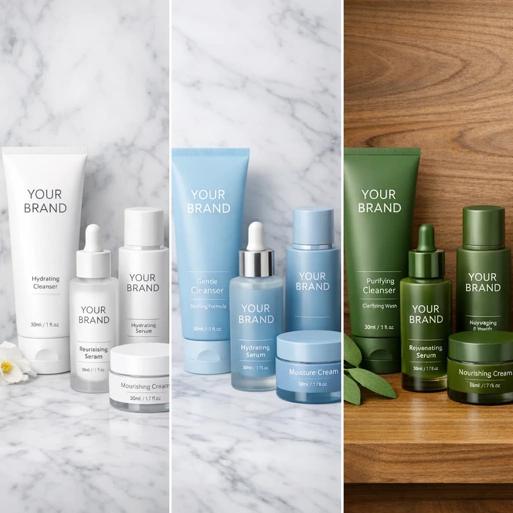 colorful packaging variations of private label skincare products on a neutral background