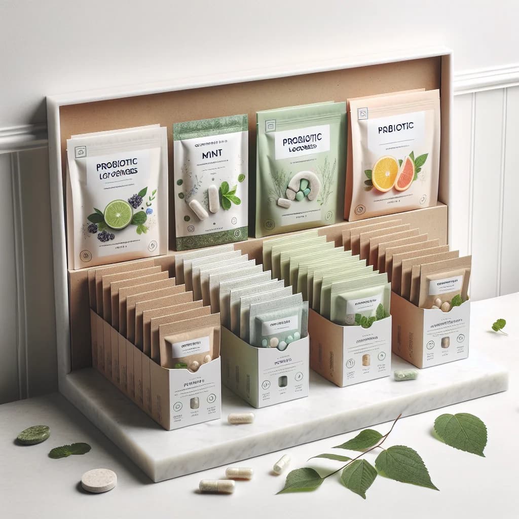 assortment of probiotics lozenges in sustainable packaging with different flavors