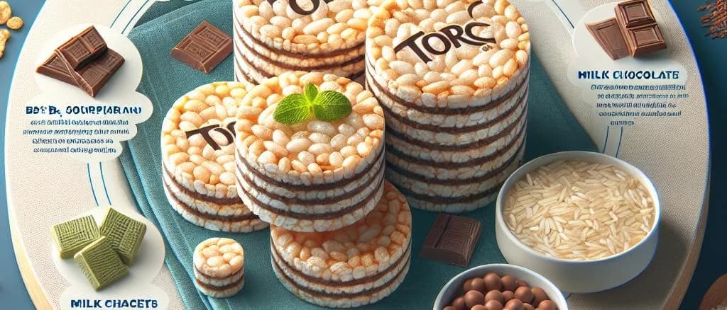 Packaged variations of puffed rice cakes with milk chocolate against a neutral background