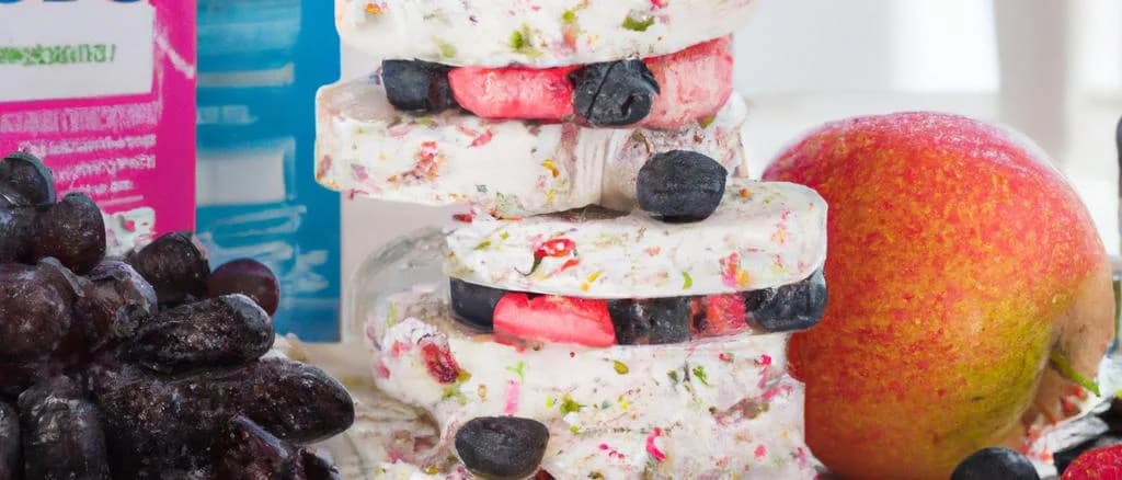 assorted puffed rice cakes with yogurt on a wooden surface, featuring different flavor variations and packaging designs