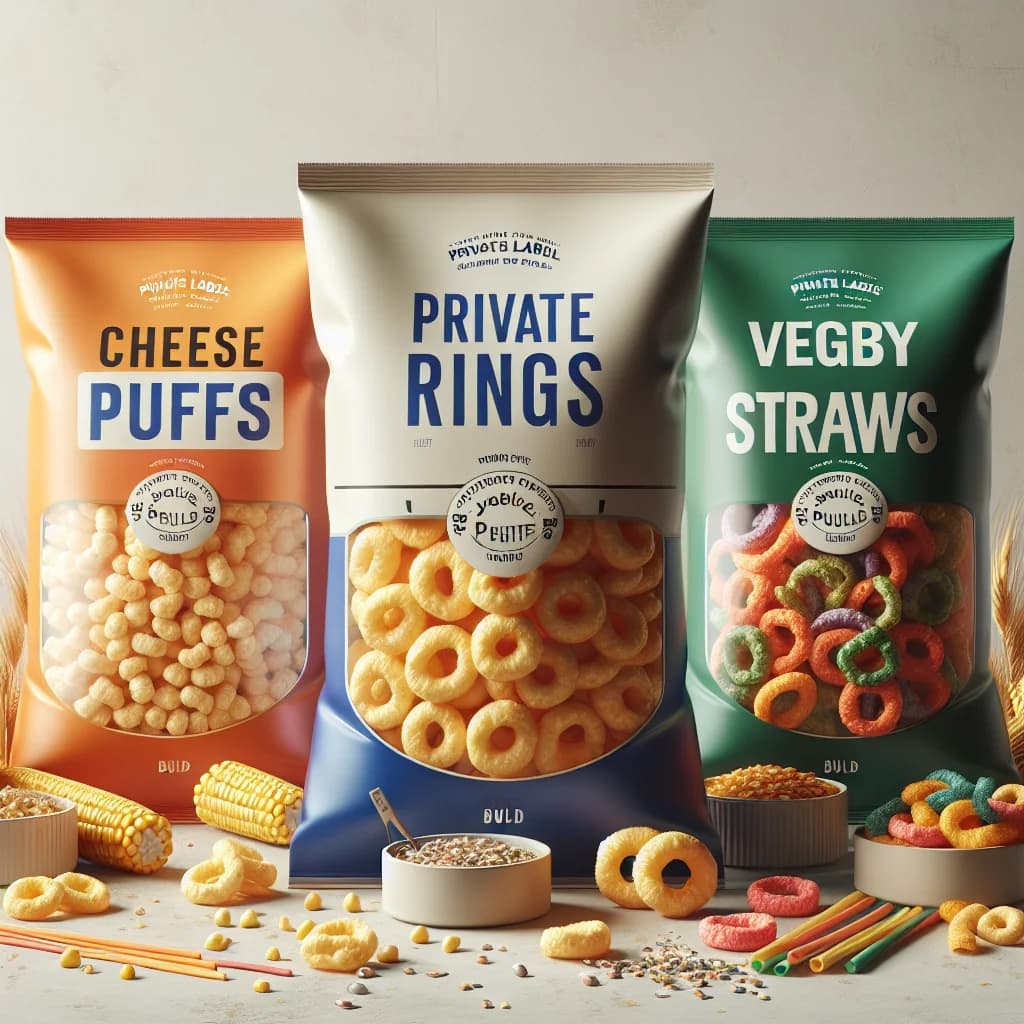 variety of puffed snacks in colorful packaging on a clean background