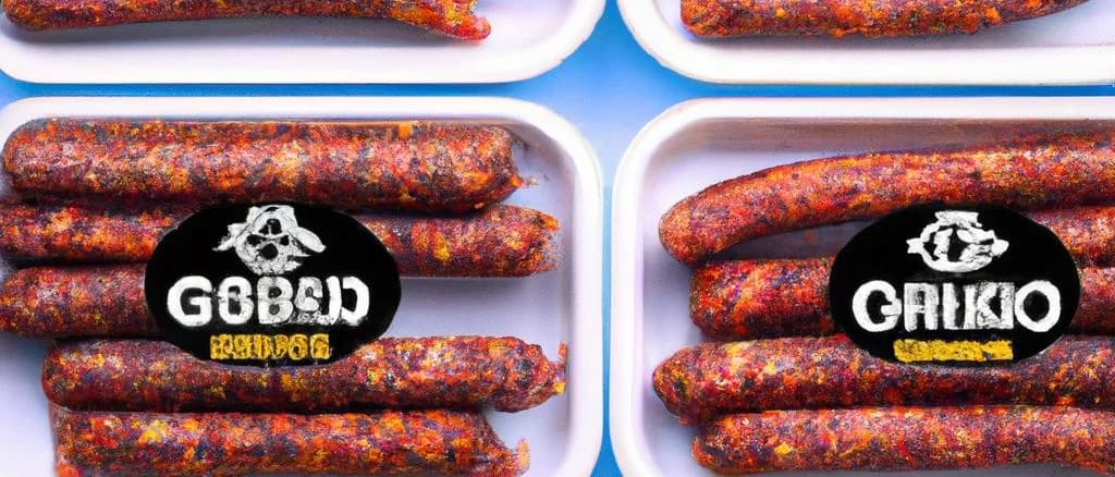 Variety of Pure Beef Merguez Sausages on rustic wooden background