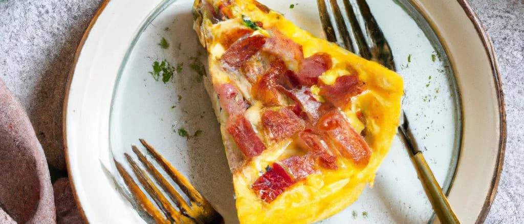 Quiches with bacon in assorted packaging on a rustic kitchen background