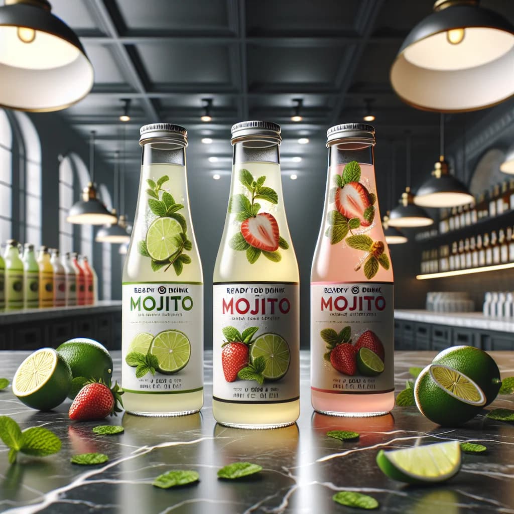 premium ready-to-drink mojito bottles in assorted flavors with minimalist packaging on a modern countertop