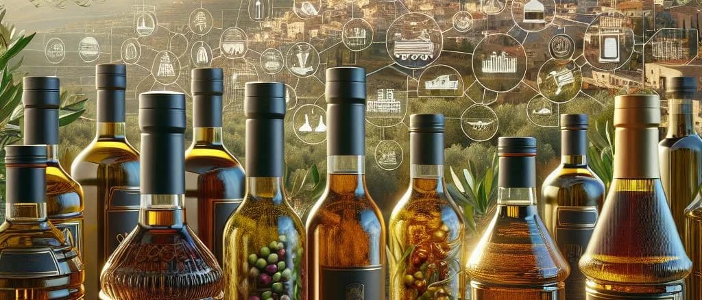 Refined olive oil bottles with various packaging, featuring serene olive groves in the background