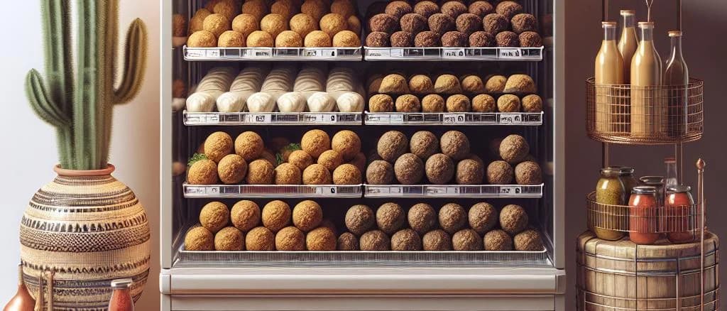 Various types of refrigerated falafel on a rustic wooden table, showcasing different flavorful blends and packaging, with a backdrop of fresh herbs and spices.