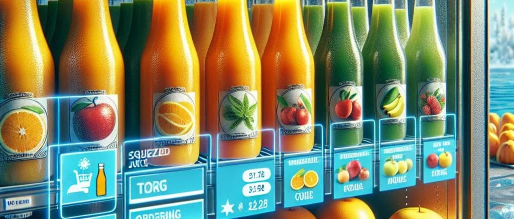 Assorted refrigerated squeezed juices in various packaging on a white background