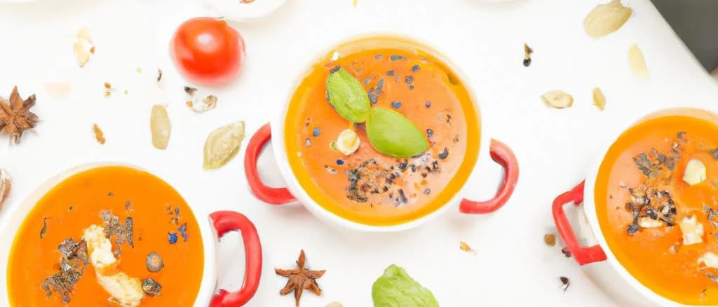 Reheatable tomato soup with varied packaging options on a wooden table