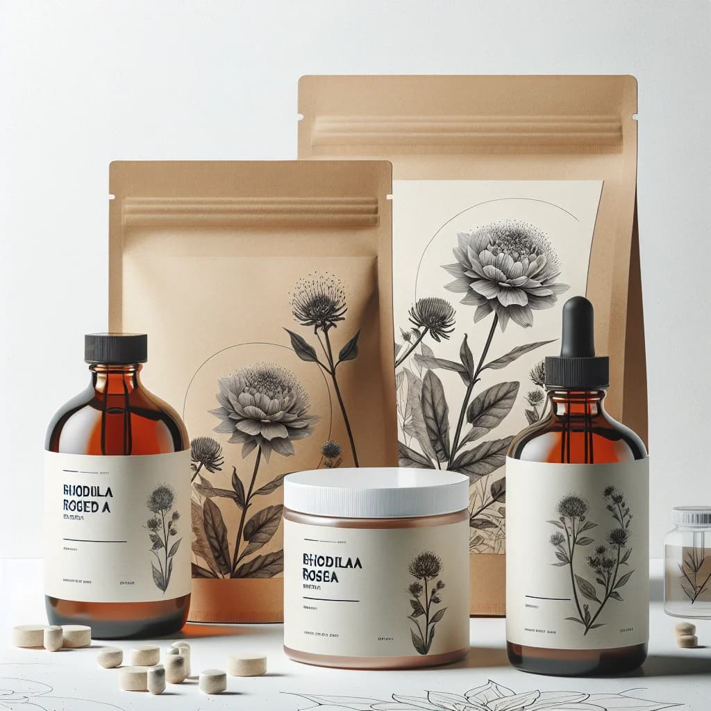 premium rhodiola rosea extract packaging in bulk and private label options on a clean white background with subtle botanical illustrations