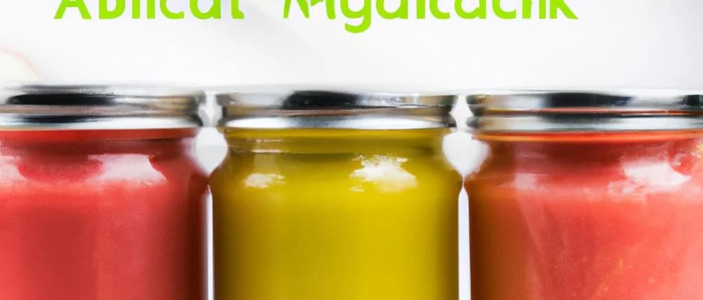 Variety of rhubarb applesauce jars with different packaging on a wooden rustic table