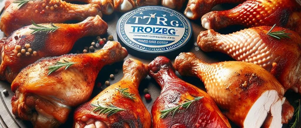 various packages of roasted chicken leg meat on a wooden table