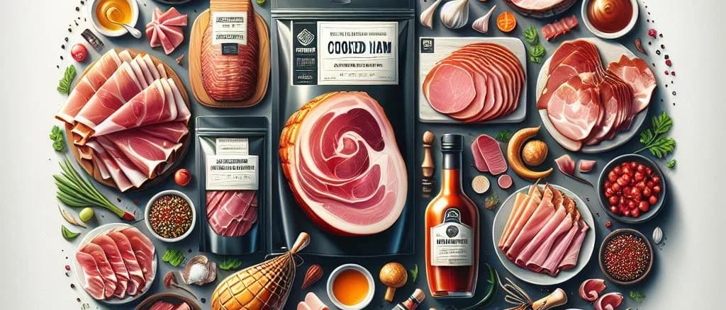 Round Of Cooked Ham in various packaging options on a display