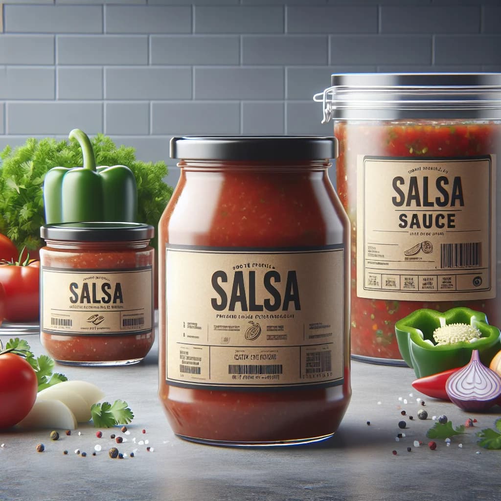 varieties of salsa sauce jars and bulk containers on a clean kitchen counter with vibrant ingredients in the background