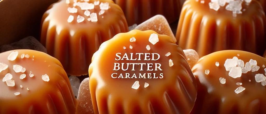 Salted butter caramels with assorted packaging on a wooden background