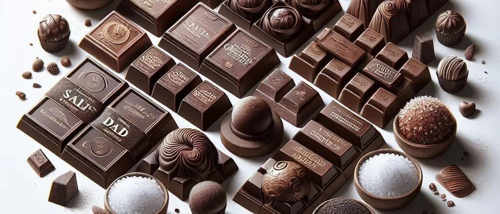 Assorted salted dark chocolates with various packaging on a rustic wooden table