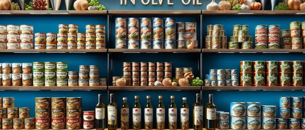 sardines in olive oil in various packaging on a wooden background