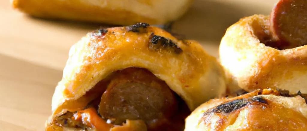 varieties of sausage in a brioche crust on wooden background