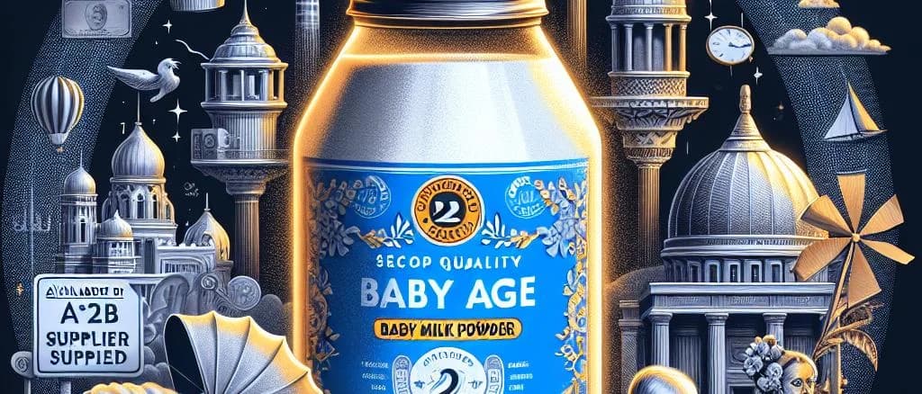 Variety of second age baby milk powder packaging on a clean background