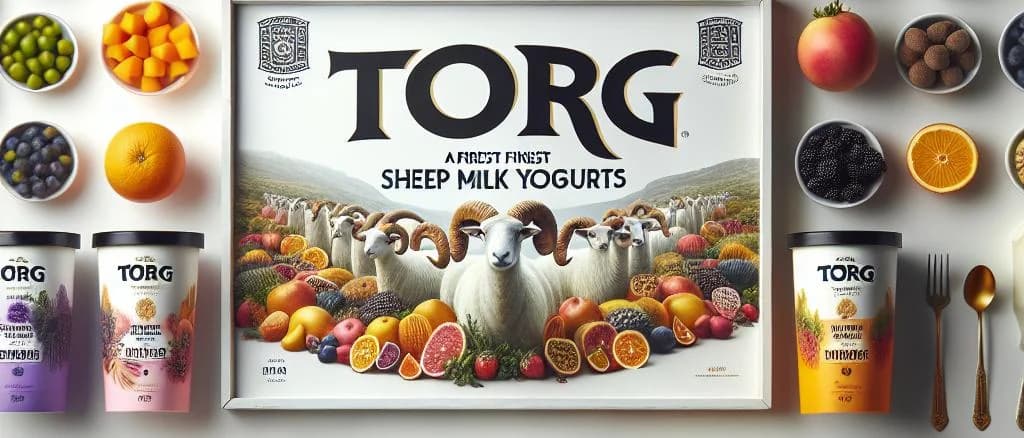 Variety of sheep milk yogurts in diverse packaging on a wooden background