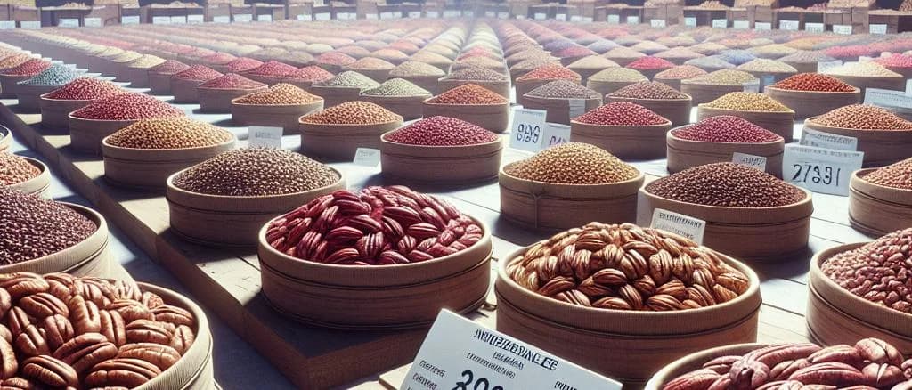 shelled pecan nuts in various packaging on a rustic wooden background