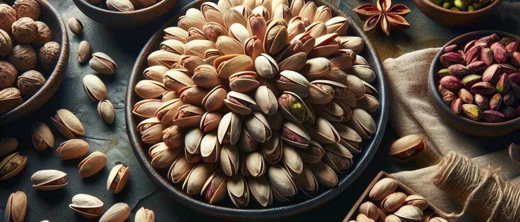 Selection of shelled pistachios in various packaging against a neutral background