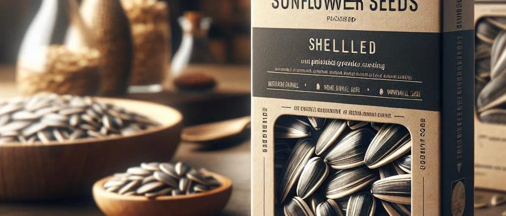 Variety of shelled sunflower seeds on a wooden background
