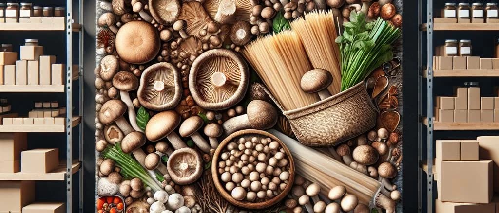Variety of packaged shiitake mushrooms on wooden background