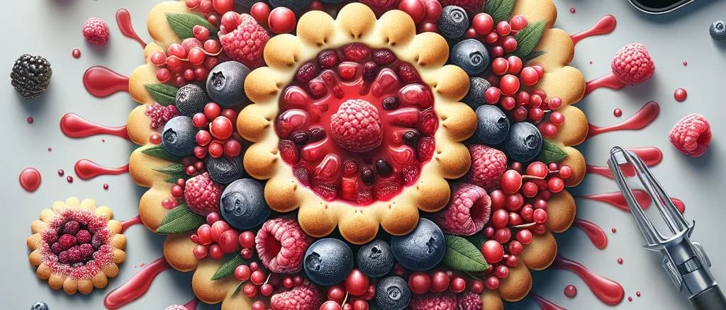 assorted shortbread cookies with red berries showcased on a rustic wooden table