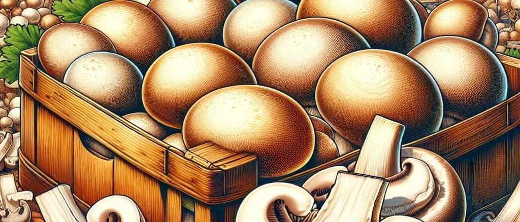 Sliced champignon mushrooms on a wooden cutting board in various packaging