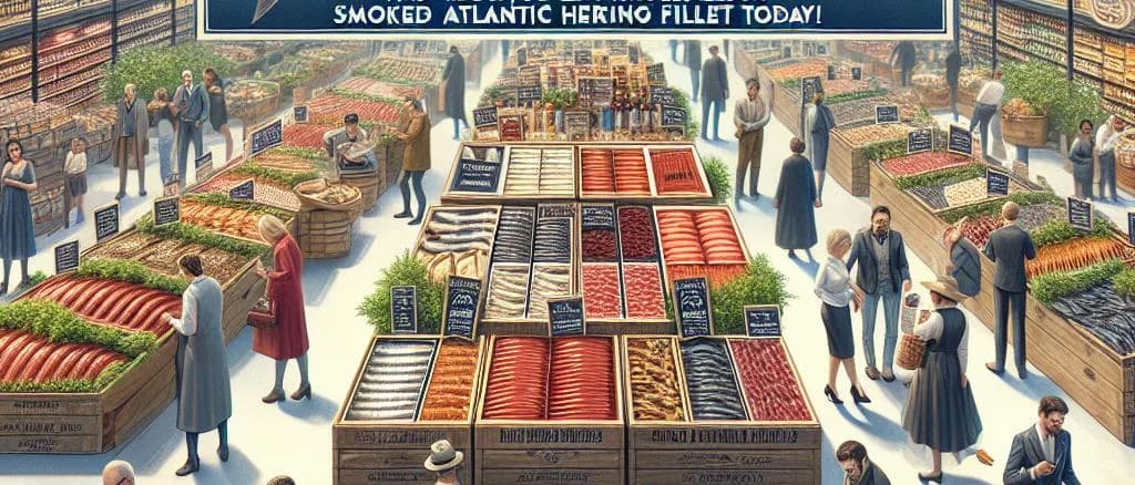 Assorted smoked Atlantic herring fillet variations with diverse packaging
