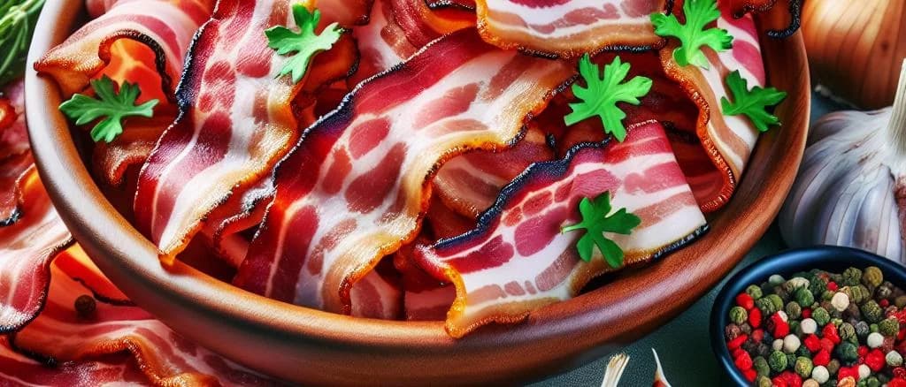 varieties of smoked bacon lardons on wooden background