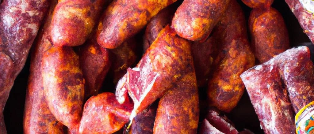 Assorted Spanish meat products on rustic wooden table
