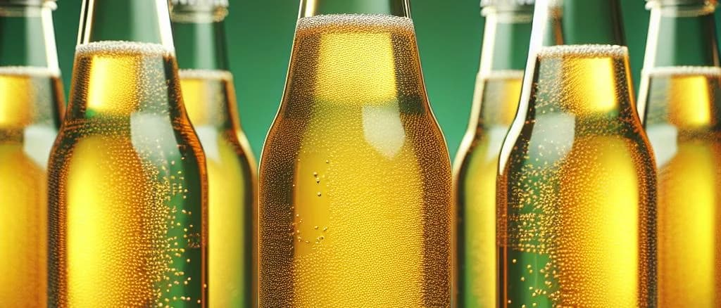 Sparkling apple juice bottles in various packaging against a vibrant orchard background