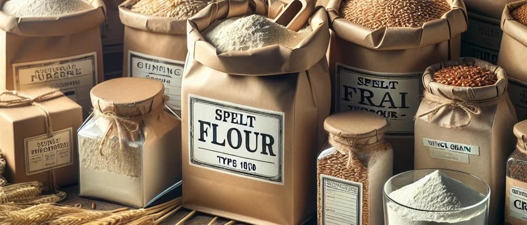 Type 1050 spelt flour packaging variations on neutral background
