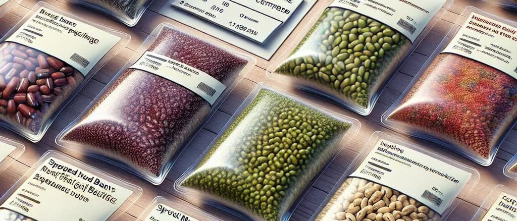 Various sprouted mung bean products with packaging options on a natural wooden background