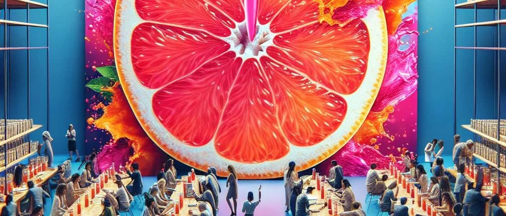 Assorted bottles of squeezed grapefruit juice with various packaging options on a wooden background