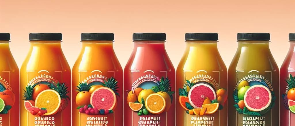 assorted squeezed multifruit juice bottles on a wooden table