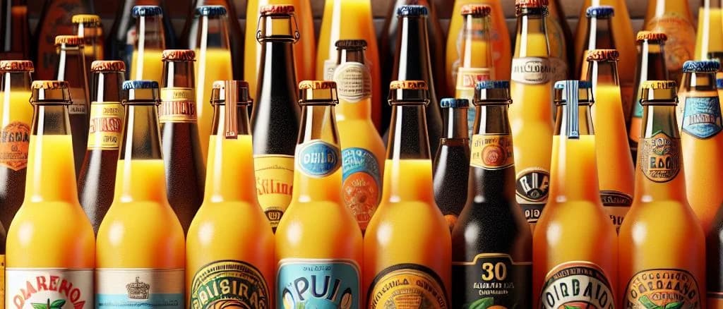 Squeezed orange juices in various packaging on a bright background