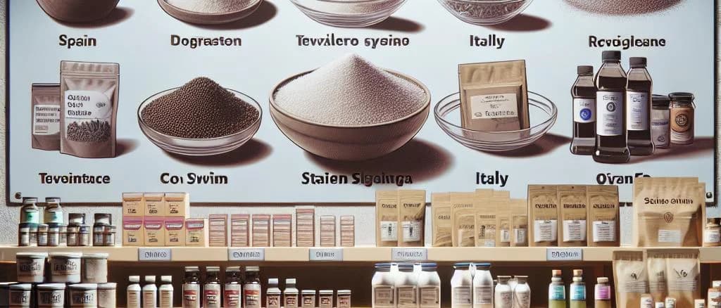 Stevia products in various packaging on wooden surface